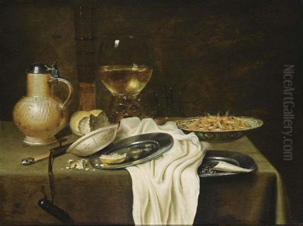 A Still Life With A Stoneware Jug, A Flute, A Roemer, Shrimps, Bread And Tobacco On Pewter Plates, Shrimps In A Wan-li Porcelain Bowl, Together With A Knife, All On A Draped Table With A White Tablecloth Oil Painting by Maerten Boelema De Stomme