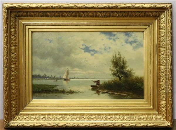 Boten Op Een Hollandse Plas, Aan De Horizon Een Kerk En Molens Oil Painting by Gysbertus Pieters