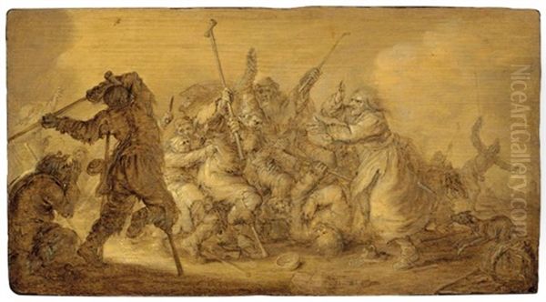 Fighting Beggars - En Brunaille Oil Painting by Adriaen Pietersz van de Venne