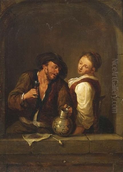 A Couple Drinking And Smoking In An Arched Window Oil Painting by Cornelis Pietersz