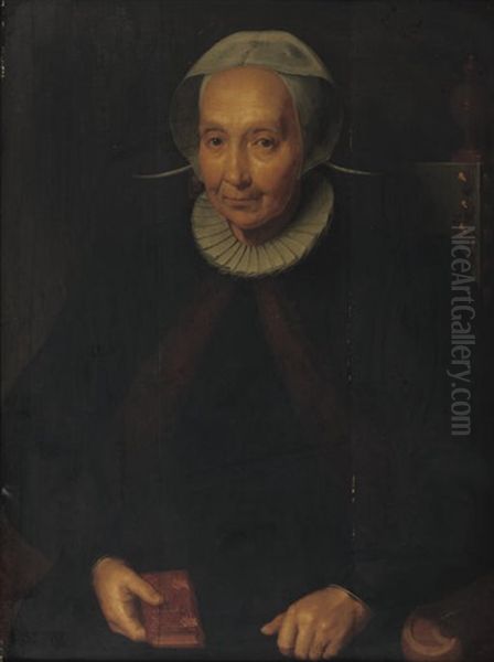 Portrait Of A Lady, In A Fur-lined Black Costume And A Molensteenkraag And White Headdress Oil Painting by Pieter Pietersz