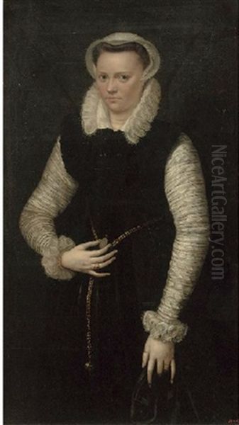 Portrait Of A Lady In A Black Tunic With White Lace Sleeves, With A Gold Chain Oil Painting by Pieter Pietersz