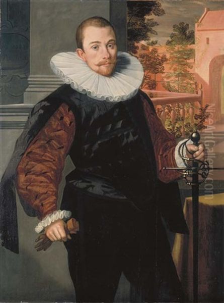 Portrait Of Cornelis Jorisz. Roodhoorn In A Black Slashed Doublet With Brown Sleeves And A Ruff, A Sword In One Hand And Gloves In The Other, Standing On A Terrace Overlooking A Walled Garden Oil Painting by Pieter Pietersz