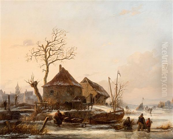 Travellers And Iceskaters On The Ice With Koek-en-zopie Stand In The Background Oil Painting by Abraham Van Der Wayen Pieterszen