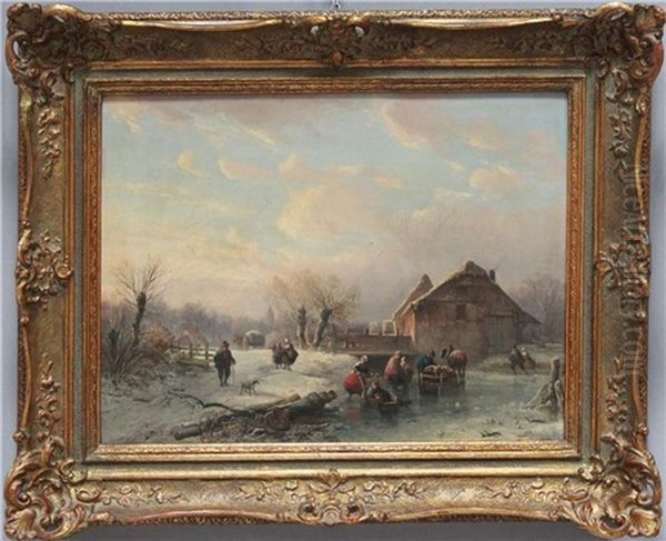 Winterlandschaft In Der Dammerung Mit Schlittschuhlaufern Auf Einem Zugefrorenen Kanallauf Oil Painting by Abraham Van Der Wayen Pieterszen