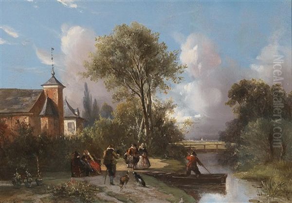 Idyllic Scene By The River With Approaching Storm (+ Crossing The River; 2 Works) Oil Painting by Abraham Van Der Wayen Pieterszen