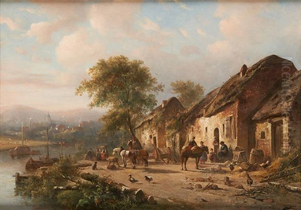 La Halte Devant La Ferme Au Bord Du Cours D'eau Oil Painting by Abraham Van Der Wayen Pieterszen