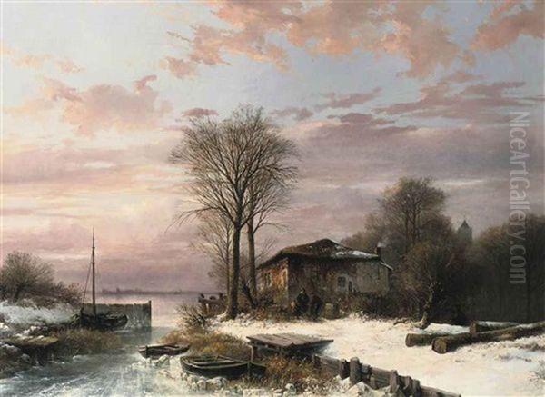 A Winter Landscape With Figures Near A House On The Frozen Waterfront Oil Painting by Abraham Van Der Wayen Pieterszen