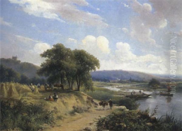 Sommerliche Fluslandschaft Mit Erntearbeitern Und Flusbooten Oil Painting by Abraham Van Der Wayen Pieterszen