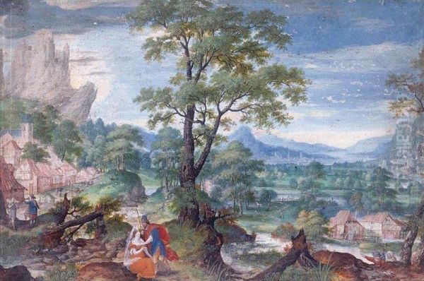 An Extensive Wooded Valley With Judah And Tamar In The Foreground Oil Painting by Frans Boels