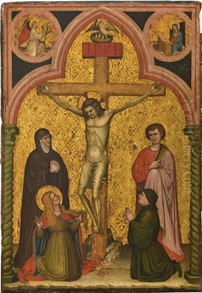 The Crucifixion With The Madonna, Saint John, Mary Magdelene And A Donor; The Annunciation In The Spandrels Above Oil Painting by Andrea di Pietro