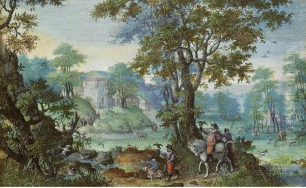 A Wooded Valley, With A Hawking Party In The Foreground And Huntsmen And A Castle Behind Oil Painting by Frans Boels