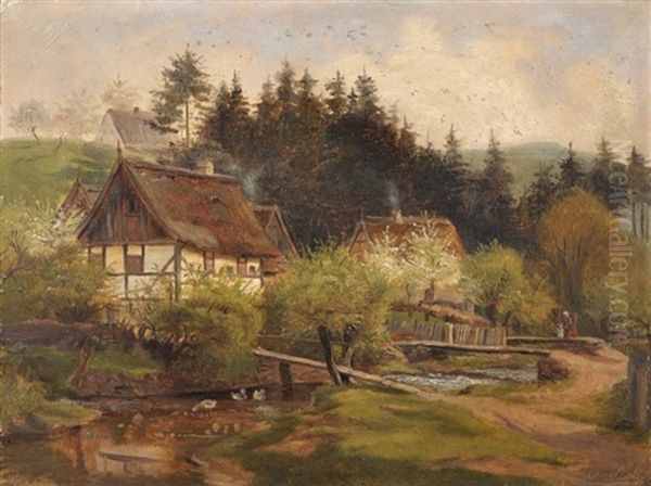 Bauernhauser Am Flus Oil Painting by Ludwig Pietsch