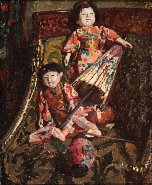 Japanese Dolls On A Chair Oil Painting by Ritta Boemm