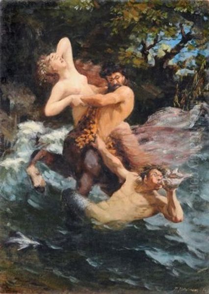 Ein Kentaur, Eine Nymphe Entfuhrend, Im Kampf Mit Dem Meeresgott Triton Oil Painting by Max Ernst Pietschmann