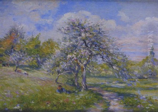 Paysan Se Reposant Sous L'arbre En Fleurs A Eragny Oil Painting by Ludovic Piette