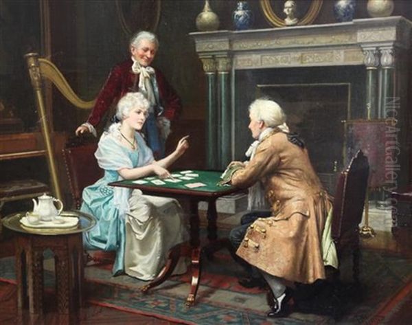 Interior With Georgian Lady And Gentleman Playing Cards by Harold H. Piffard