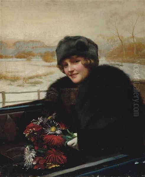 Portrait Of A Lady, Half-length, In An Open Topped Car, A Bunch Of Flowers In Her Hand Oil Painting by Harold H. Piffard