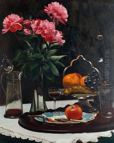 Still Life Of Flowers, Fruit And Claret Oil Painting by Harold H. Piffard