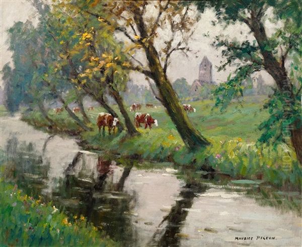 Riverside With Cows And The Eglise D'alleaume (valognes) In The Background Oil Painting by Maurice Pigeon