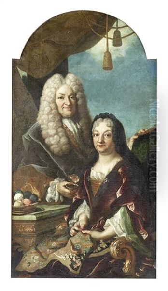 Portrait Of A Gentleman, Holding A Snuff Box, Standing Beside His Wife, Who Is Seated Holding An Embroidery Oil Painting by Giulio Pignatta