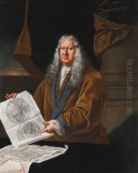 Portrait Of A Cartographer, Standing In An Interior, Holding A Map Of The World Oil Painting by Giulio Pignatta