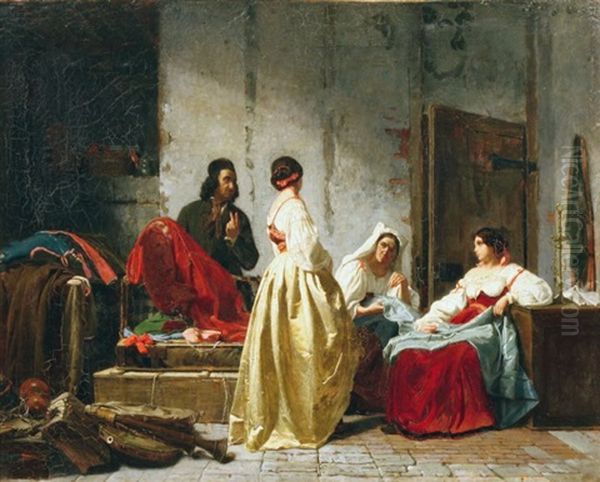 Le Marchand De Tissu Et Les Couturieres Oil Painting by Charles Pignerolle