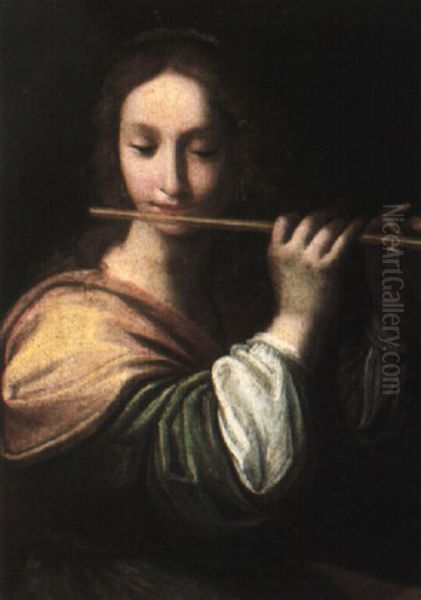 A Girl Playing The Flute Oil Painting by Simone Pignone