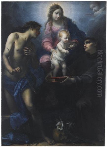 The Virgin Presenting The Christ Child To Saint Anthony Of Padua With Saint Sebastian Oil Painting by Simone Pignoni