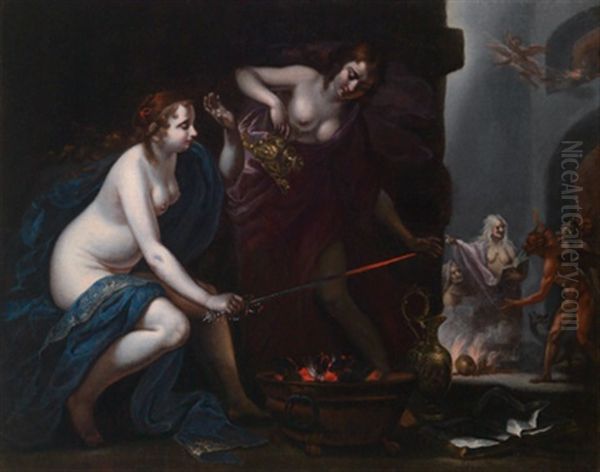 Anfinome Und Evadne, Die Tochter Des Pelias, Verhext Von Medea Oil Painting by Simone Pignoni