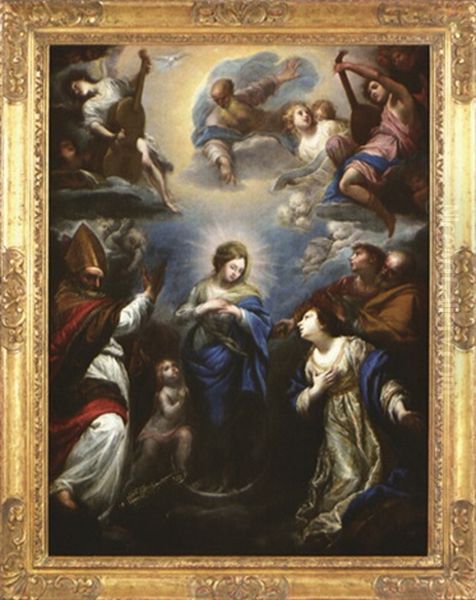 La Vierge En Gloire Avec Sainte Catherine D'alexandrie, Saint Etienne, Un Evangeliste Et Un Saint Eveque (saint Nicolas?) Oil Painting by Simone Pignoni