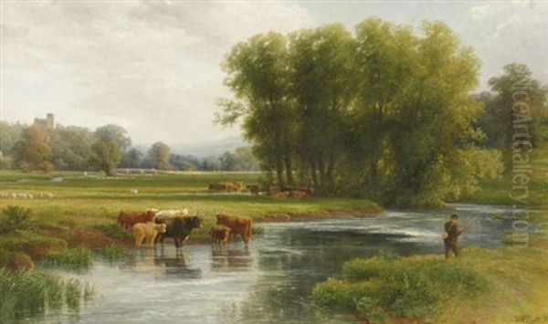 A View Of Haddon Hall, Derbyshire, With A Fisherman On The River Wye And Highland Cattle In The Foreground Oil Painting by Walter Henry Pigott