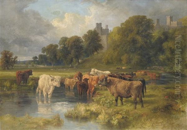 Cattle Grazing Near The River Wye, Haddon Hall Beyond Oil Painting by Walter Henry Pigott