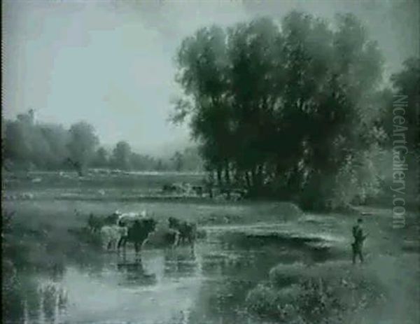 A Figure Fishing And Cattle Grazing By The River Before     Haddon Fall Oil Painting by Walter Henry Pigott