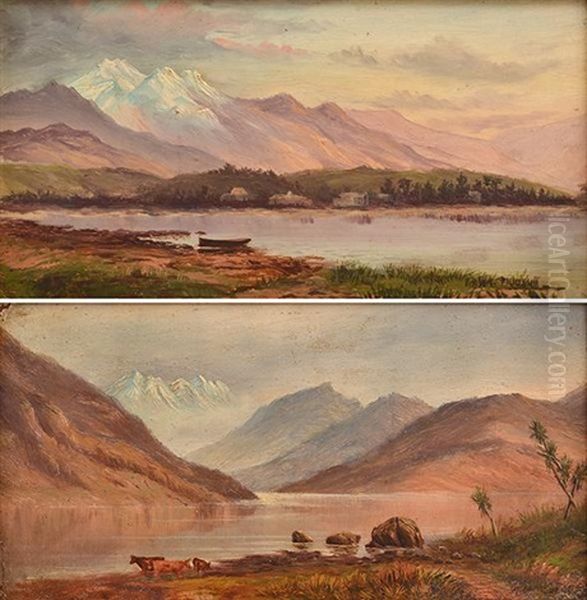 Pair Of Paintings, Boat On A Lake And Cattle By A Lake Oil Painting by William Charles Piguenit