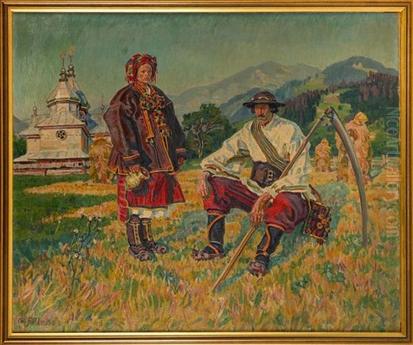 Hutsuls In Front Of A Church Oil Painting by Gustaw Pillati