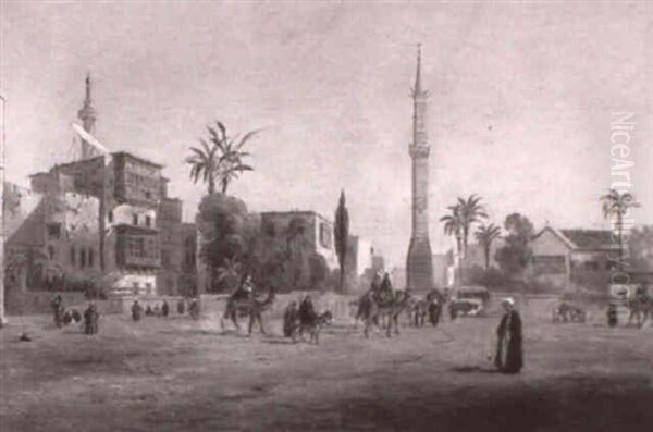 An Egyptian Town Square Oil Painting by Henry Pilleau