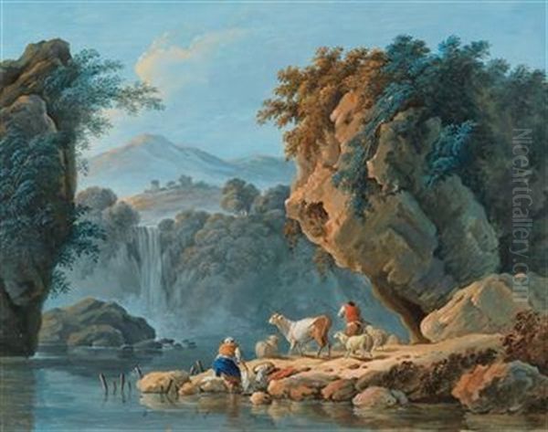 A Shepherd Couple In A Mountainous Landscape Oil Painting by Jean Baptiste Pillement