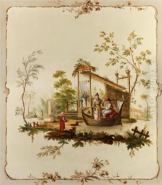 Chinoiserie Figures In A Boat Beside A Garden Pavilion Oil Painting by Jean Baptiste Pillement