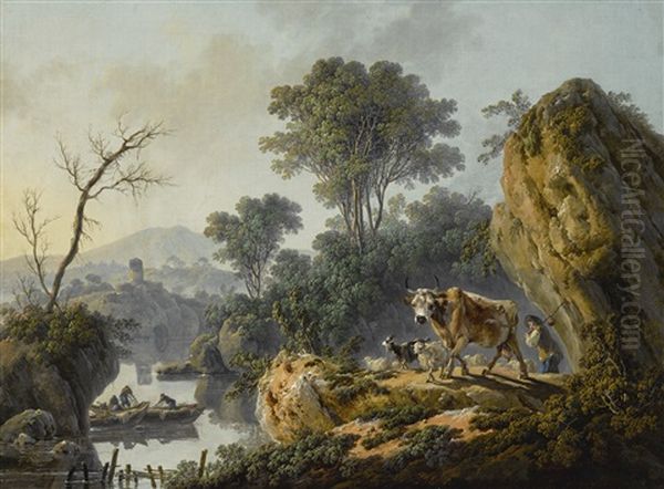 A River Landscape With A Shepherd, A Bull, Goat And Sheep In The Foreground, Fishermen In A Boat Beyond Oil Painting by Jean Baptiste Pillement