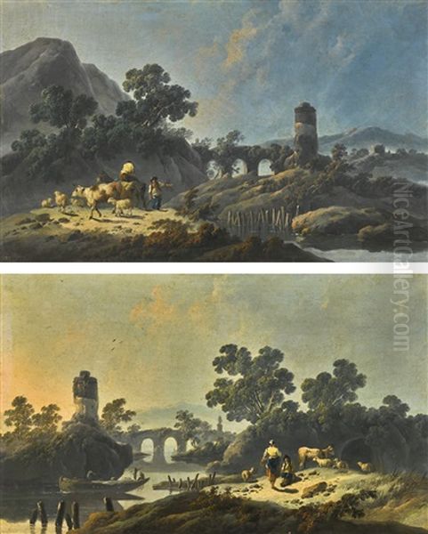 Rocky Landscape At Dawn With A Herdsman And His Livestock On A Path; River Landscape At Dusk With Fishermen On The River And A Girl And Herdsman Conversing On The Bank Oil Painting by Jean Baptiste Pillement