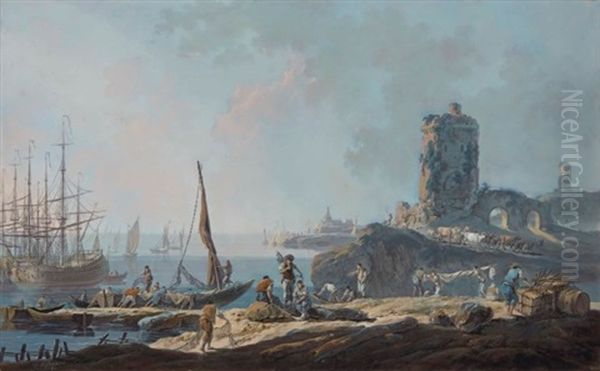 Pecheurs Amarrant Une Barque Dans Un Port Oil Painting by Jean Baptiste Pillement