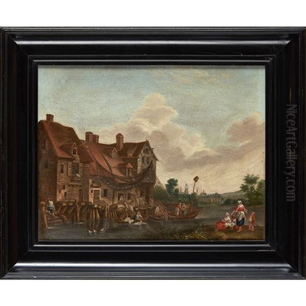 Washerwomen And Fishermen By A Riverside House Oil Painting by Jean Baptiste Pillement