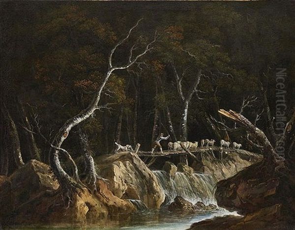 Evening Landscape With Homecoming Shepherds On A Wooden Bridge Over A Waterfall Oil Painting by Jean Baptiste Pillement