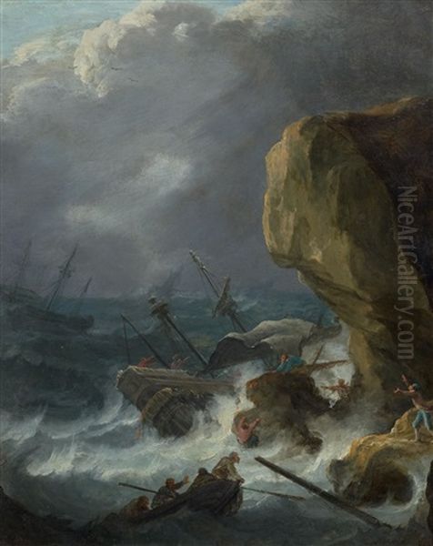 Rocky Coastal Landscape With Ships And The Crews In Distress Oil Painting by Jean Baptiste Pillement