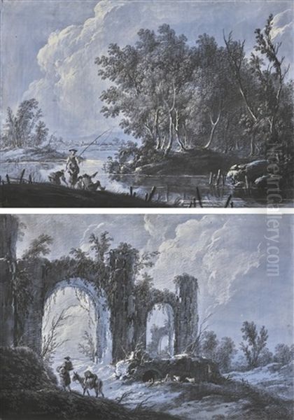 Landscapes, One With Figures Fishing, The Other With Figures Beside Ruins Oil Painting by Jean Baptiste Pillement