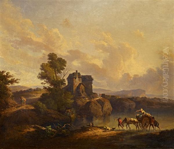 Franzosische Landschaft Mit Pferdekarren Am Seeufer Oil Painting by Jean Baptiste Pillement