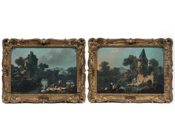 Paysages Lacustres Animes (2 Works) Oil Painting by Jean Baptiste Pillement