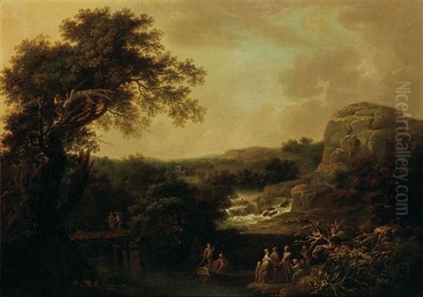 Elegant Figures In A River Landscape Oil Painting by Jean Baptiste Pillement