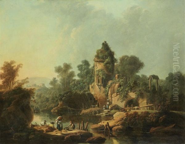 Figures Fishing In A River Landscape Oil Painting by Jean Baptiste Pillement